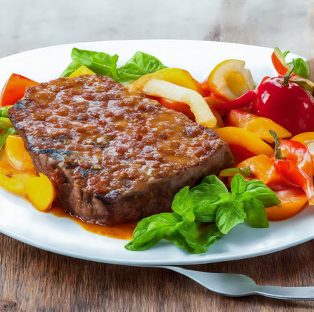 Grilled beef steak with sweet pepper and basil on a white plate created with the help of artificial intelligence technologiesの素材