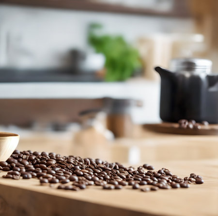 Coffee beans on a wooden board in the kitchen. Coffee background created with the help of artificial intelligence technologiesの素材