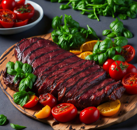 Grilled beef steak with cherry tomatoes and basil on black background. created with the help of artificial intelligence technologiesの素材