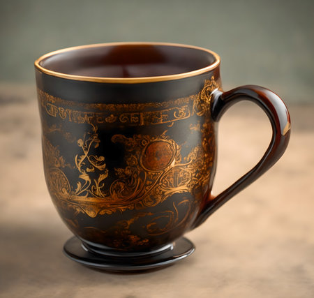 Cup of tea with floral ornament on a grunge background. created with the help of artificial intelligence technologiesの素材