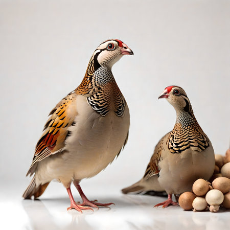 Pair of white and red Chinese quail on white background created with the help of artificial intelligence technologiesの素材