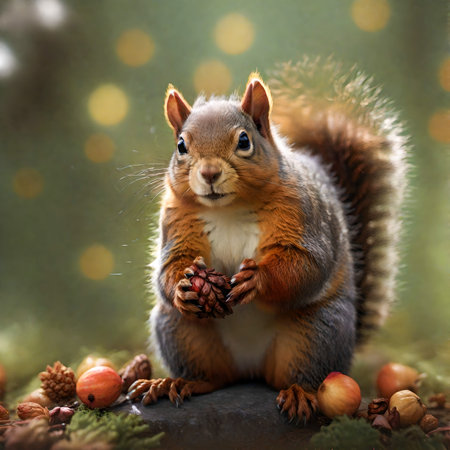 Squirrel in the forest with nuts and acorns on a green background created with the help of artificial intelligence technologiesの素材