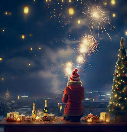 Little girl in santa hat with christmas tree and fireworks on background. created with the help of artificial intelligence technologiesの素材