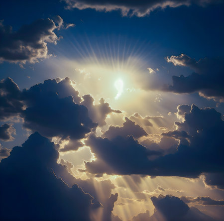 Sunset with clouds and sunbeams in blue sky background. created with the help of artificial intelligence technologiesの素材