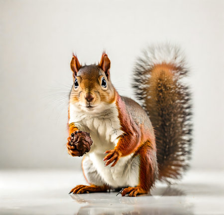 Squirrel with nut on a white background. Squirrel on a white background. created with the help of artificial intelligence technologiesの素材