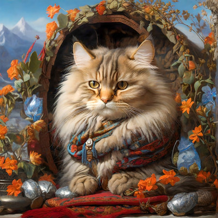 Beautiful long-haired cat of Siberian breed in a turban on a background of flowers. created with the help of artificial intelligence technologiesの素材