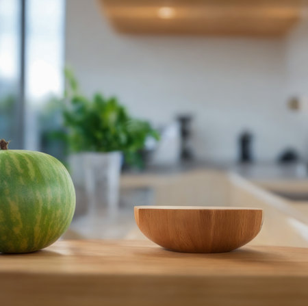 Wooden bowl with green apple on wooden table in modern kitchen. created with the help of artificial intelligence technologiesの素材