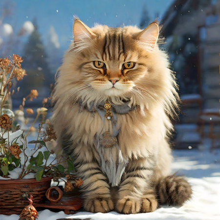 beautiful long-haired Siberian cat in the snow in winter created with the help of artificial intelligence technologiesの素材