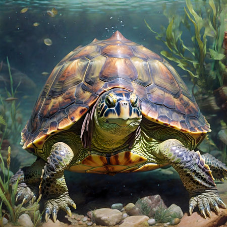 Turtle in the aquarium. 3d rendering. Computer digital drawing. created with the help of artificial intelligence technologiesの素材