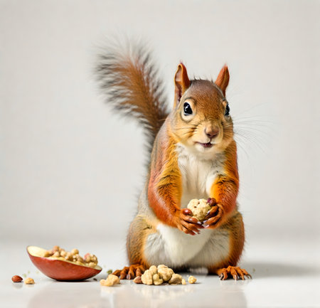 Squirrel with nuts on a white background. Studio shot. Shallow depth of field created with the help of artificial intelligence technologiesの素材