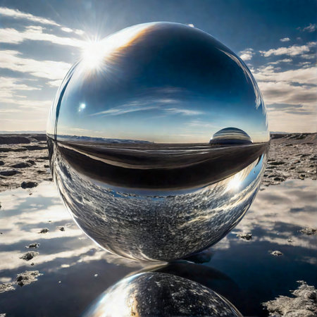 crystal ball on a background of blue sky and clouds reflected in the water created with the help of artificial intelligence technologiesの素材