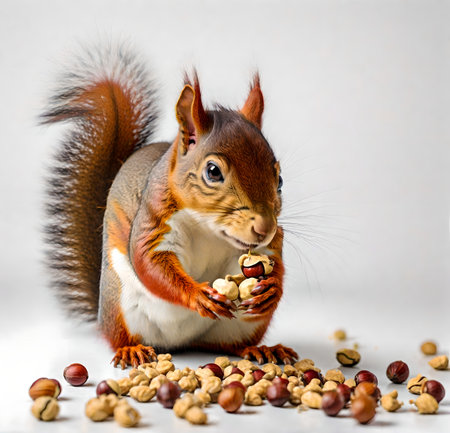 Eurasian red squirrel with nuts on white background. Studio shot. created with the help of artificial intelligence technologiesの素材