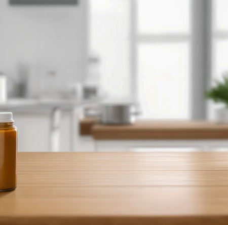 Empty wooden table and blur kitchen background, product display montage. created with the help of artificial intelligence technologiesの素材