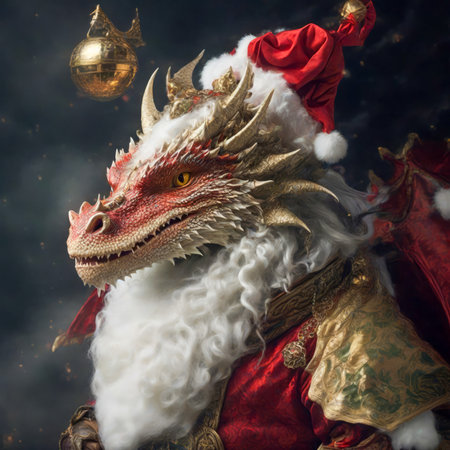 Santa Claus with a red hat and a golden dragon in his hands created with the help of artificial intelligence technologiesの素材
