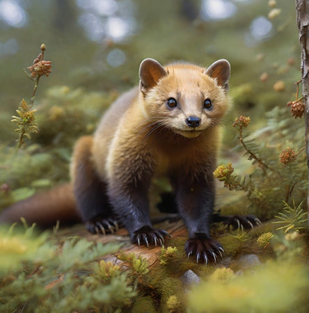 European marten (Martes martes) in the forest. created with the help of artificial intelligence technologiesの素材