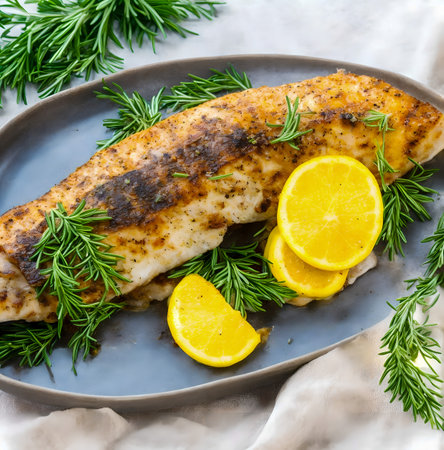Grilled fish fillet with lemon and rosemary on a plate created with the help of artificial intelligence technologiesの素材