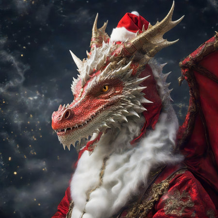 Santa Claus in red coat and red hat with a dragon on his head created with the help of artificial intelligence technologiesの素材