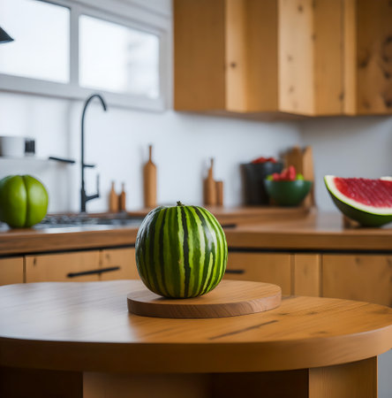Watermelon on a wooden table in the kitchen of a modern house created with the help of artificial intelligence technologiesの素材