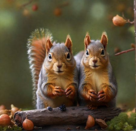 two squirrels sitting on a log in the autumn forest with nuts created with the help of artificial intelligence technologiesの素材