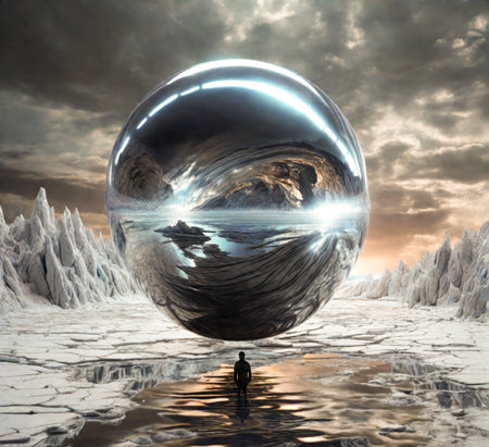 Crystal ball in the form of a human figure. 3D rendering created with the help of artificial intelligence technologiesの素材