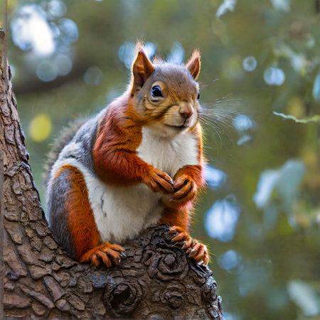 Squirrel sitting on a tree branch in the autumn forest. Animal portrait. created with the help of artificial intelligence technologiesの素材