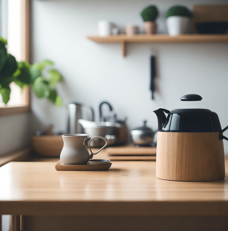 Cup of coffee and teapot on wooden table in kitchen created with the help of artificial intelligence technologiesの素材