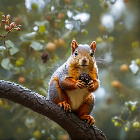 Squirrel sitting on a tree branch and eating a walnut. created with the help of artificial intelligence technologiesの素材
