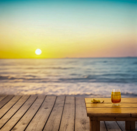 Glass of whiskey on wooden table with sea and sunset sky background. created with the help of artificial intelligence technologiesの素材