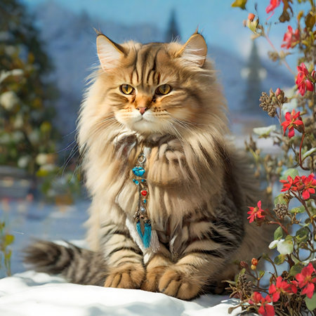 Beautiful maine coon cat in boho style sitting on snow created with the help of artificial intelligence technologiesの素材