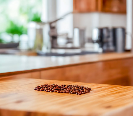 Coffee beans on a wooden table in a modern kitchen. created with the help of artificial intelligence technologiesの素材