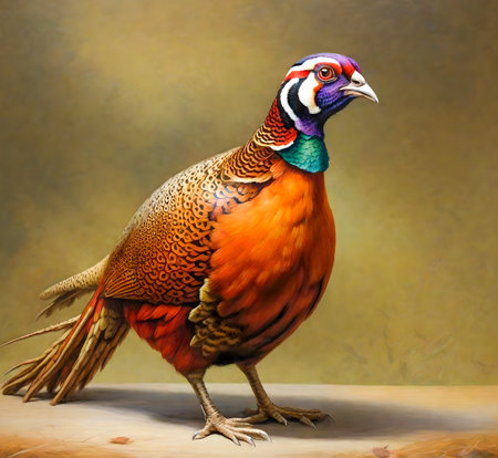 Colorful pheasant on a wooden background. Decorative bird. created with the help of artificial intelligence technologiesの素材