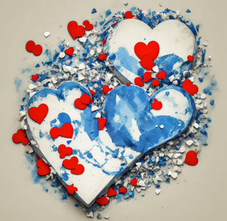 Blue hearts on a white background. Valentine's Day. 3D illustration created with the help of artificial intelligence technologiesの素材