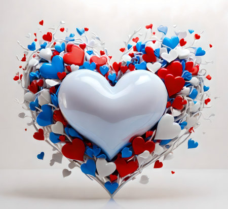 Heart shape with red and blue hearts on white background. 3d illustration created with the help of artificial intelligence technologiesの素材