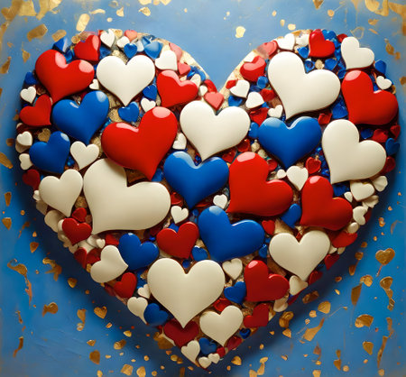 Red, blue and white hearts on a blue background. 3d rendering created with the help of artificial intelligence technologiesの素材