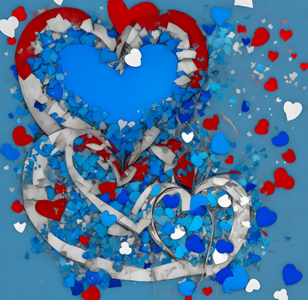 3d illustration of blue hearts over blue background with white hearts. created with the help of artificial intelligence technologiesの素材