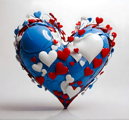 Heart made of red and blue hearts on white background. 3d illustration created with the help of artificial intelligence technologiesの素材