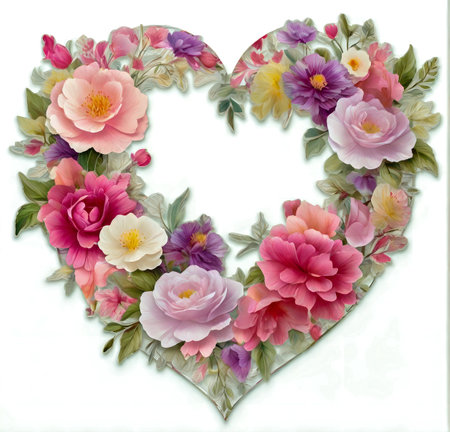 Heart shape made of flowers on white background, Valentine's day created with the help of artificial intelligence technologiesの素材