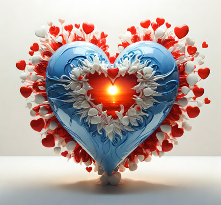 Valentine's day card with heart and flowers. 3D rendering created with the help of artificial intelligence technologiesの素材