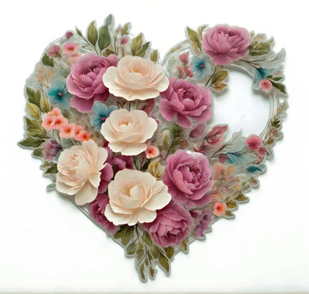 Valentine's day heart made of colorful flowers on white background created with the help of artificial intelligence technologiesの素材