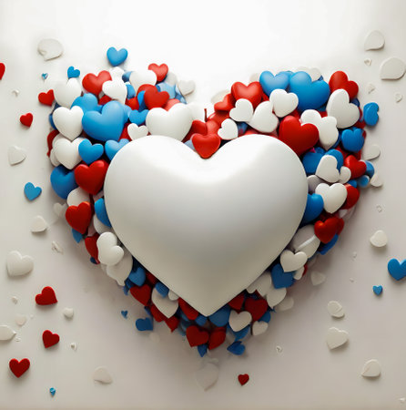 White heart with red and blue hearts on white background. 3d illustration created with the help of artificial intelligence technologiesの素材