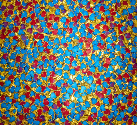 Colorful gold and red hearts pattern on red and blue background. created with the help of artificial intelligence technologiesの素材