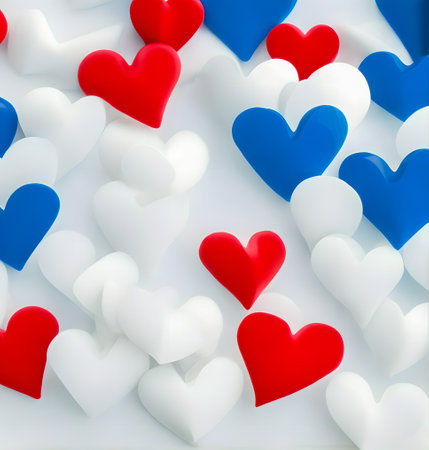 Valentine's day background with red, blue and white hearts created with the help of artificial intelligence technologiesの素材