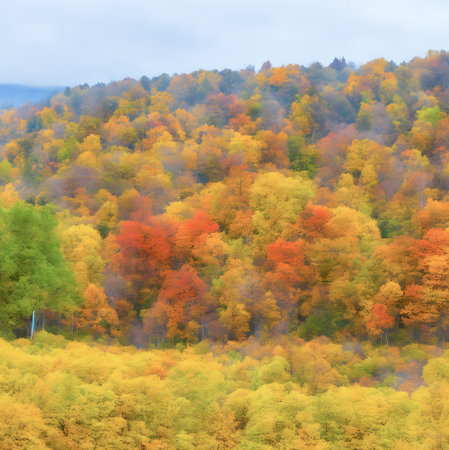 Autumn forest in the mountains. Colorful trees in autumn. created with the help of artificial intelligence technologiesの素材
