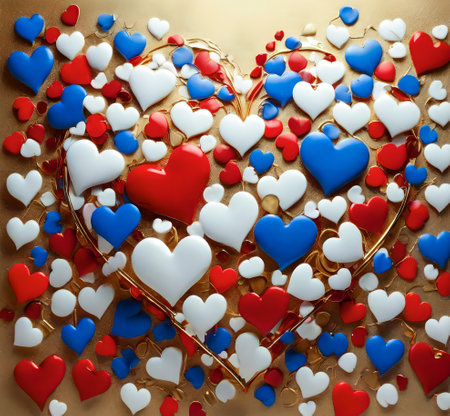 Red and blue hearts on golden background. 3D illustration. Valentine's Day. created with the help of artificial intelligence technologiesの素材