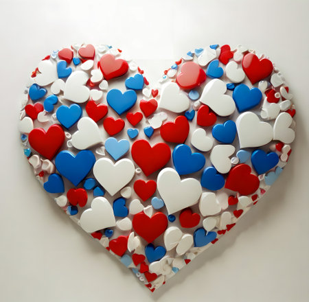 Valentine's Day background with red and blue hearts. 3d rendering created with the help of artificial intelligence technologiesの素材