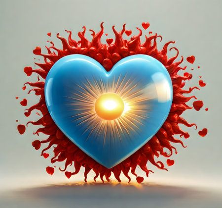 3D rendering of a blue heart with red splashes and sun created with the help of artificial intelligence technologiesの素材