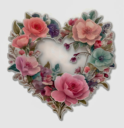 Valentine's Day card with heart shaped frame made of flowers created with the help of artificial intelligence technologiesの素材