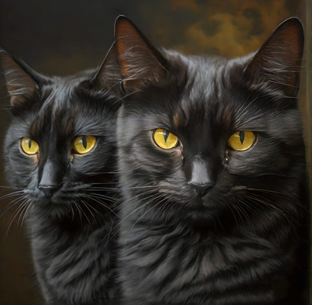 Two black cats with yellow eyes on dark background. Close-up. created with the help of artificial intelligence technologiesの素材