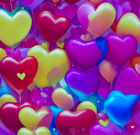 Colorful heart-shaped balloons on a background of blue and pink hearts created with the help of artificial intelligence technologiesの素材