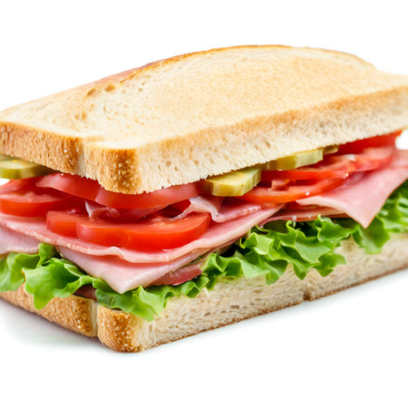 sandwich with ham, tomato and lettuce isolated on a white background created with the help of artificial intelligence technologiesの素材
